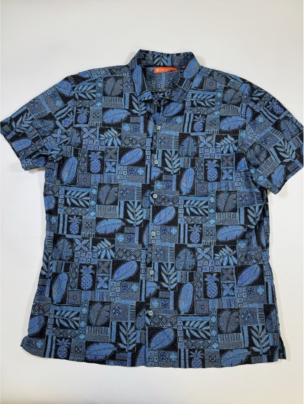 Vintage Tori Richard Hawaiian Shirt Mens XL Blue Pineapple Aloha Made Hawaii